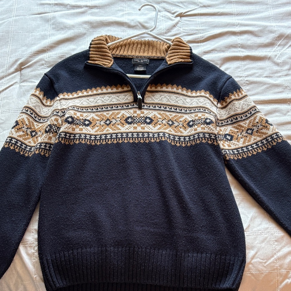 New York & Company Navy and Tan Zip-Up Sweater